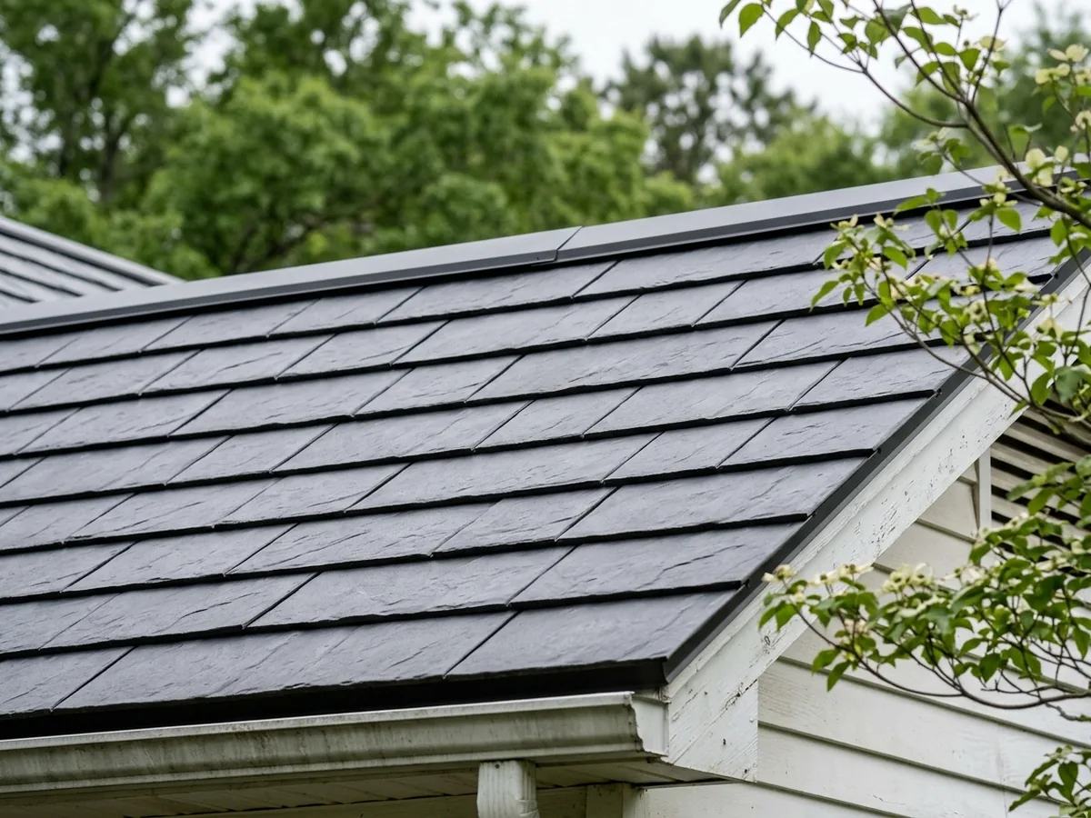 Interlocking aluminum shingles embossed to look like slate on a cottage roof
