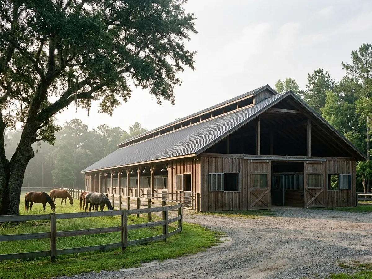 Center-aisle horse stable with a standing seam metal roof and a continuous open ridge vent along the peak