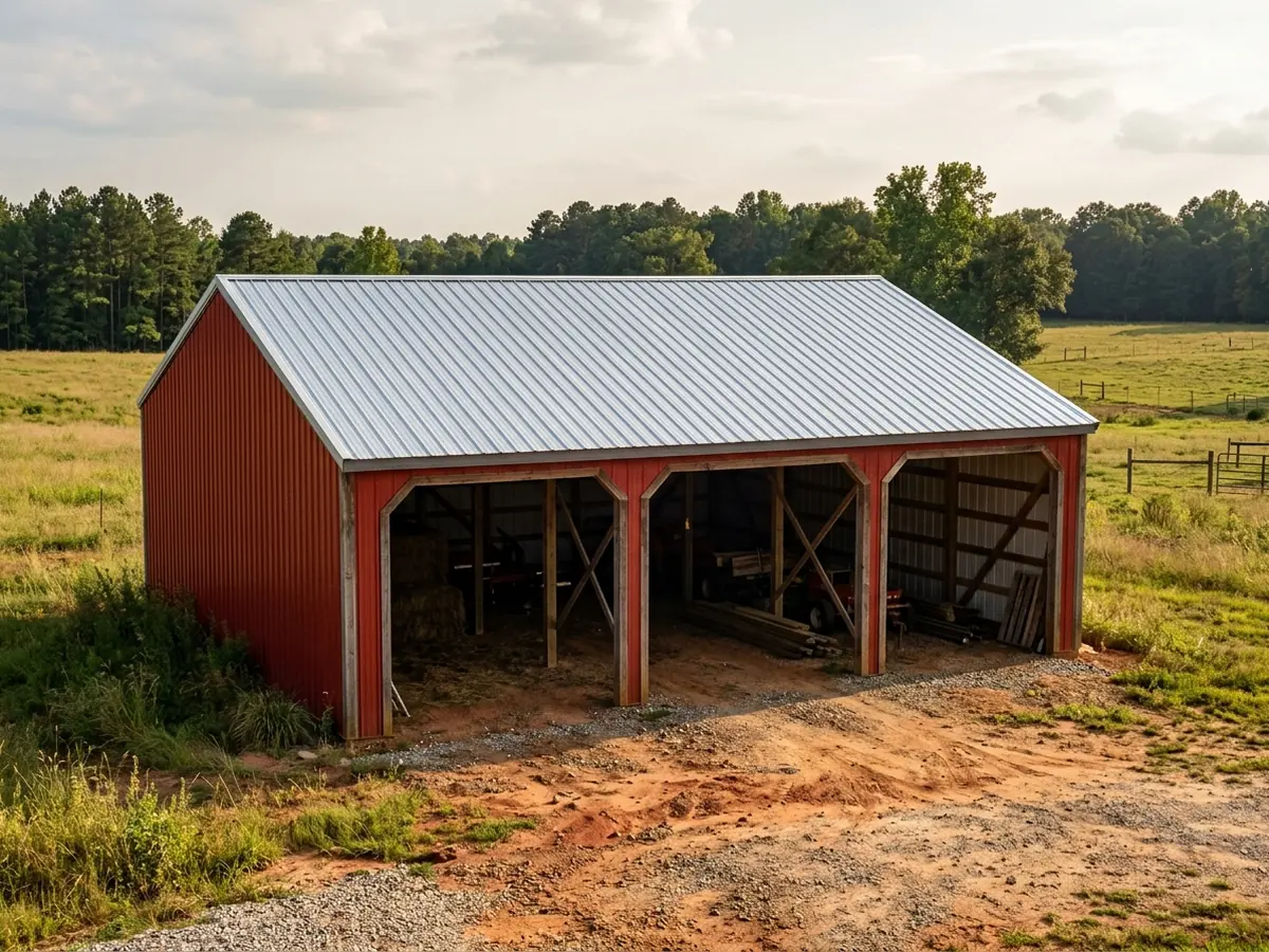 Red pole barn with a new Galvalume ribbed metal roof on wood purlins, open bay doors and a gravel apron
