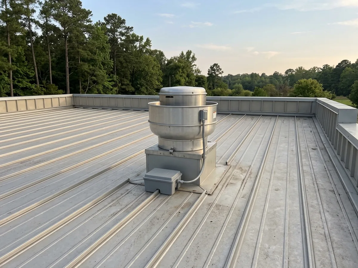 Low-slope metal roof over a restaurant kitchen with a rooftop exhaust fan on a raised curb