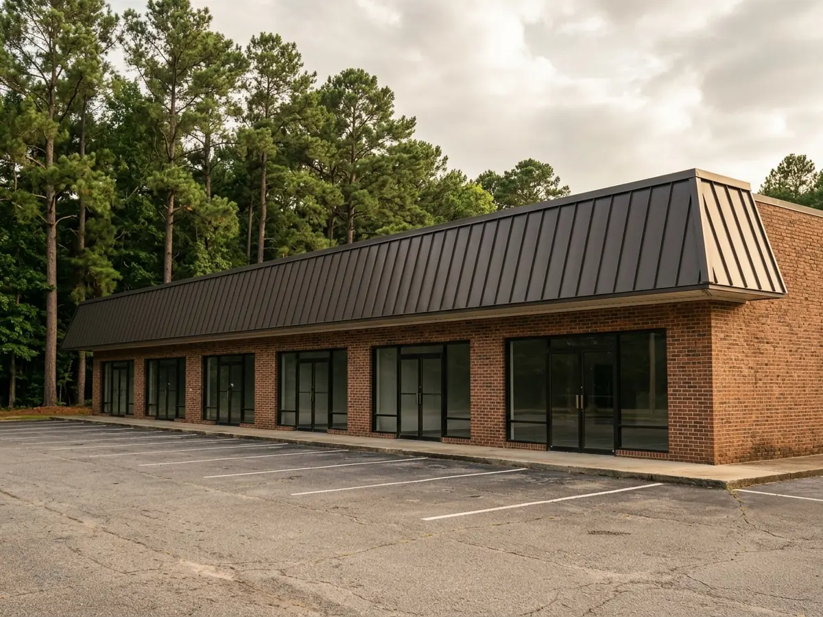 Standing seam metal mansard band running along the front of a single-story strip shopping center