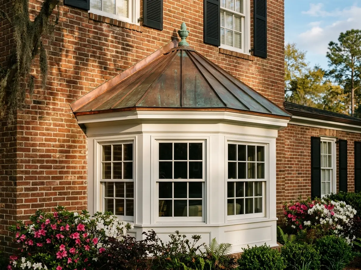 Copper bay window roof with soldered seams under a white-painted cornice