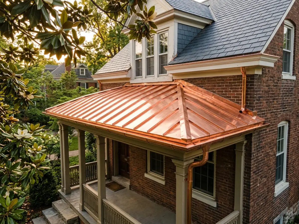 Copper standing seam hip roof over the front porch of a brick house, with a matching copper gutter