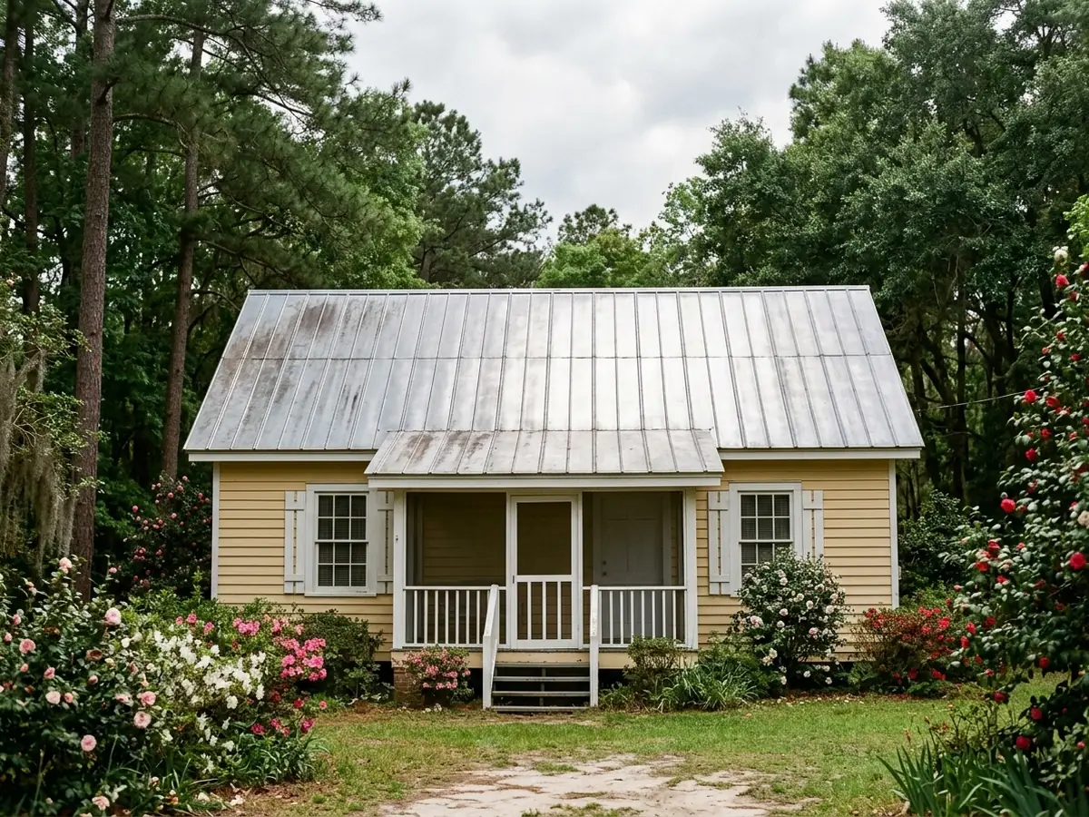 Silver 5V crimp metal roof with low narrow ribs on a small 1940s cottage