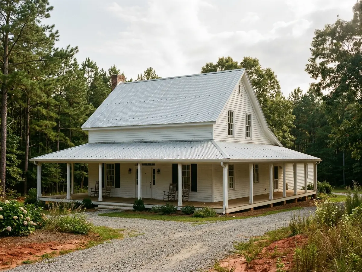 Silver round-wave corrugated metal roof on a white farmhouse porch with a pine-lined yard