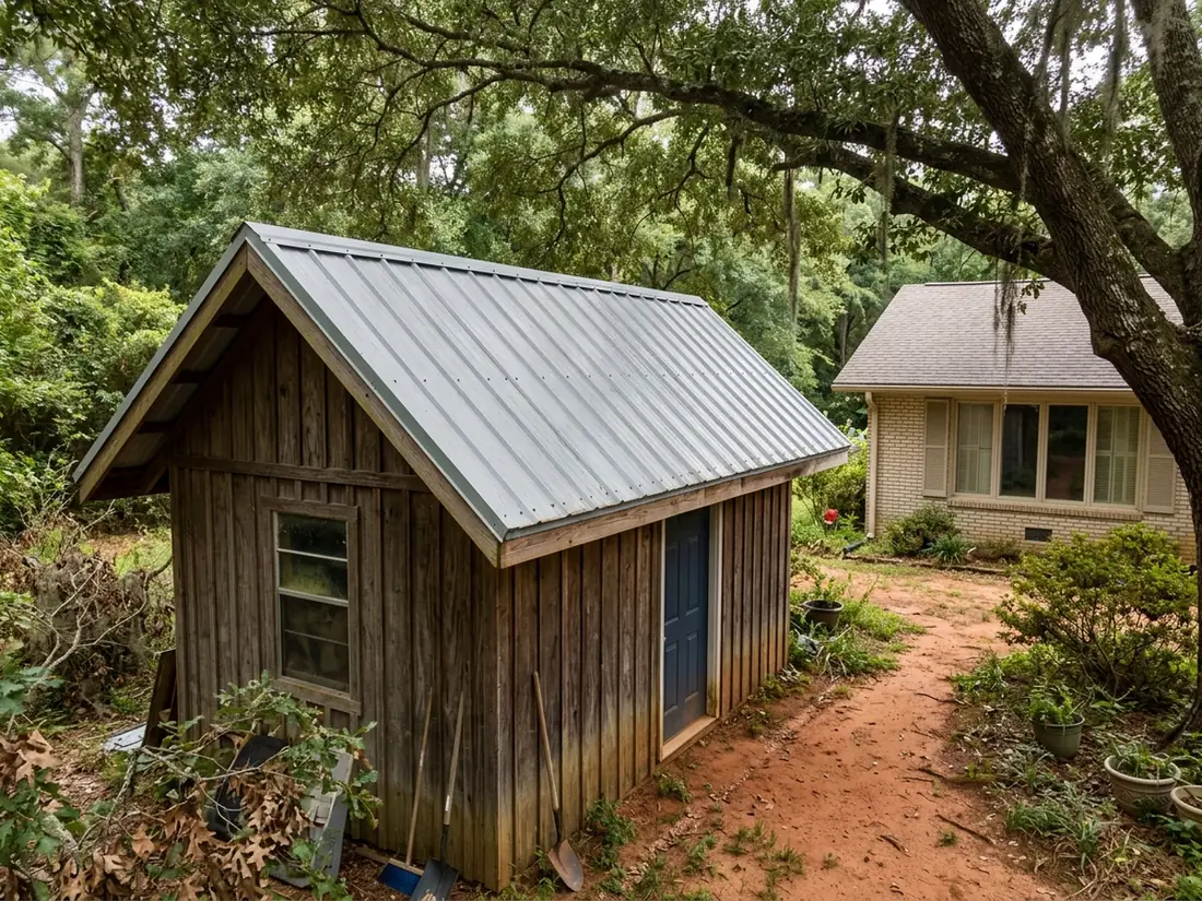 Ribbed PBR metal roof panels with tall trapezoid ribs on a backyard workshop