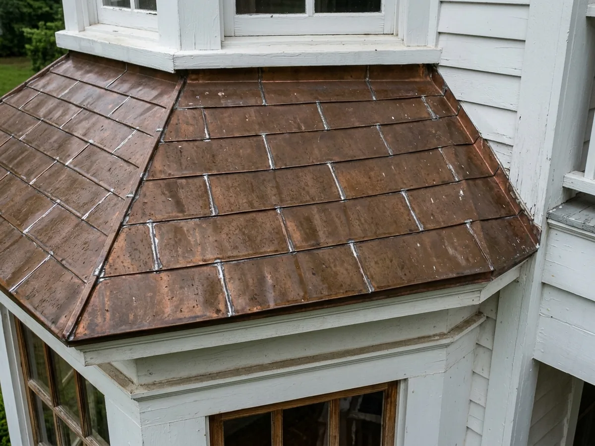Flat-seam copper roof with small soldered rectangular sheets on a low bay roof