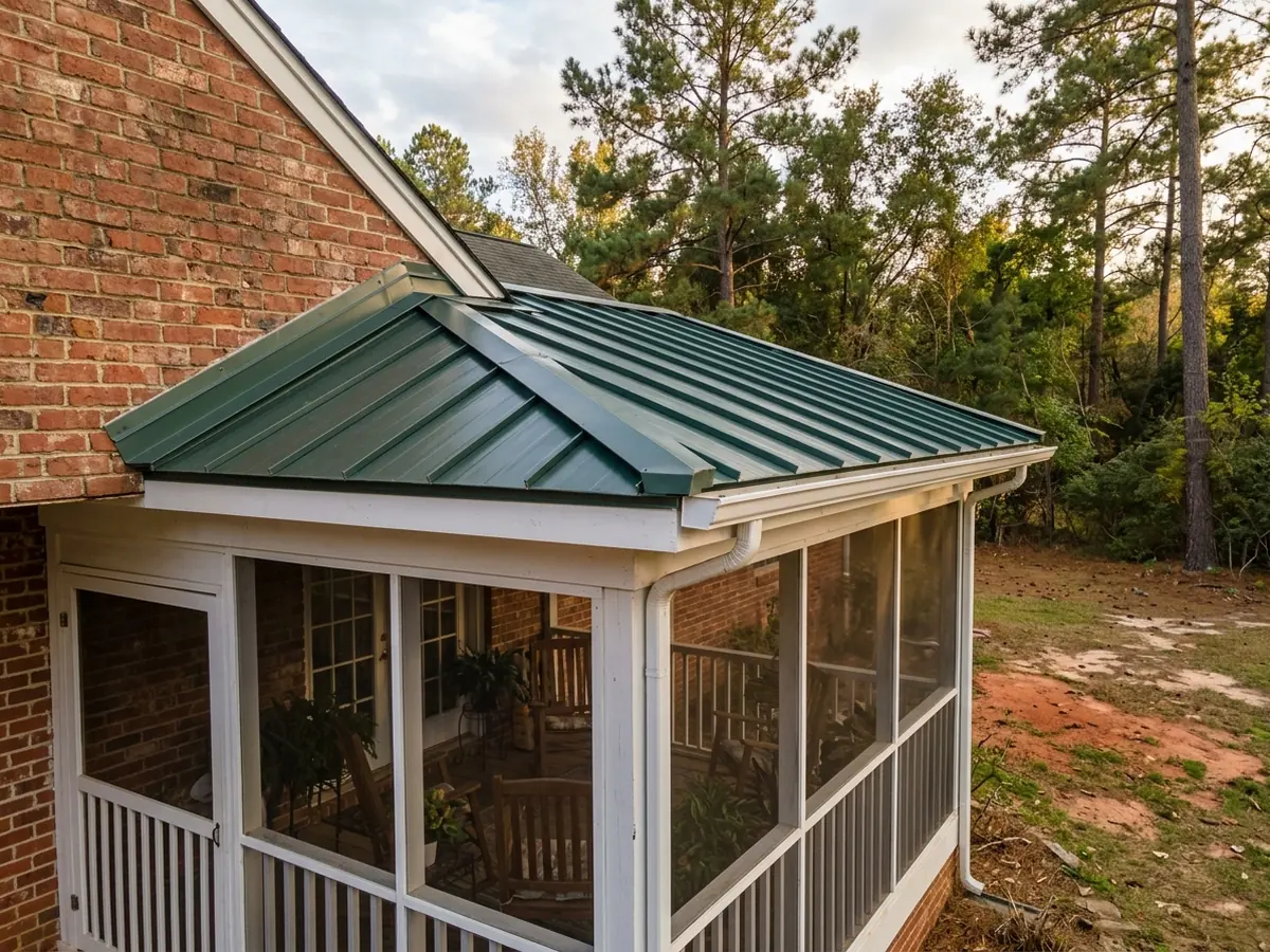 Low-pitch standing seam metal shed roof over a back porch meeting a brick wall