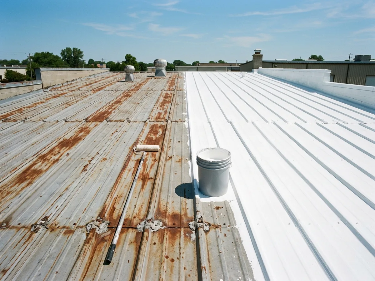 Low-slope ribbed metal roof, one half rusty and the other half freshly coated white, with a paint roller on a pole