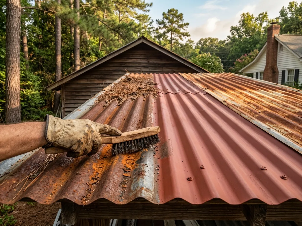 Hand-held wire brushing of surface rust along the ribs of an old corrugated steel roof, with a section already primed red