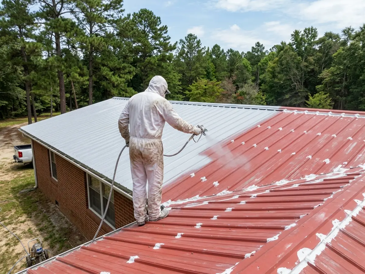 Grey silicone roof coating being sprayed over a sealed ribbed steel roof on a low ranch house with pines behind