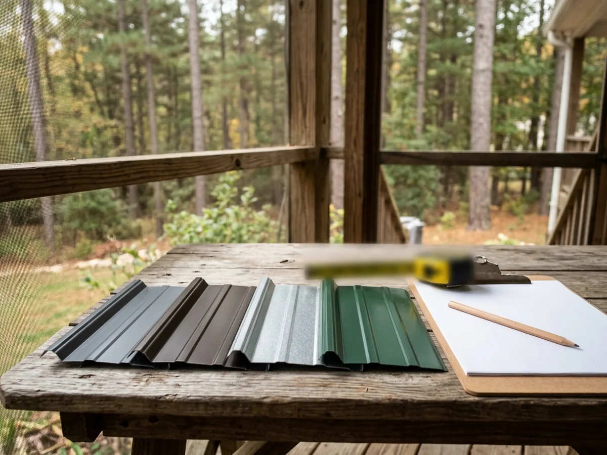 Metal roofing panel samples in charcoal, bronze, bare Galvalume and green laid on a porch table beside a tape measure and a clipboard