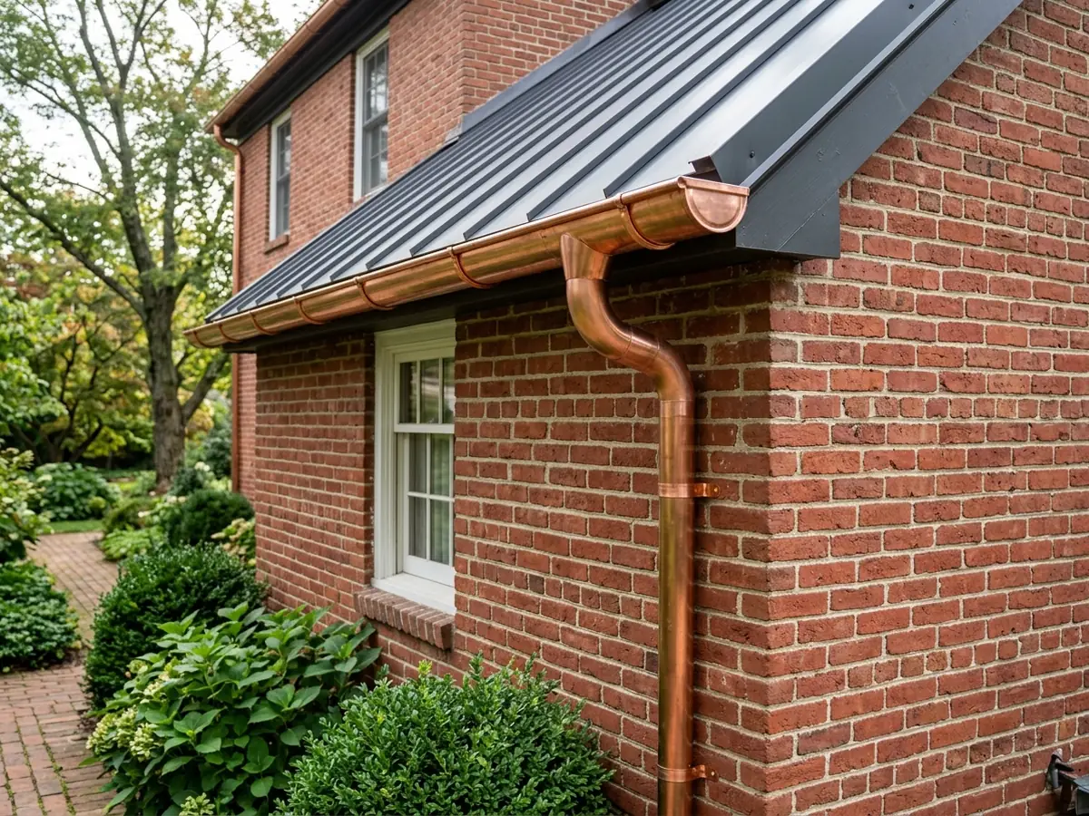 New half-round copper gutter turning into a round copper downspout at the corner of a red brick house under a dark grey standing seam roof
