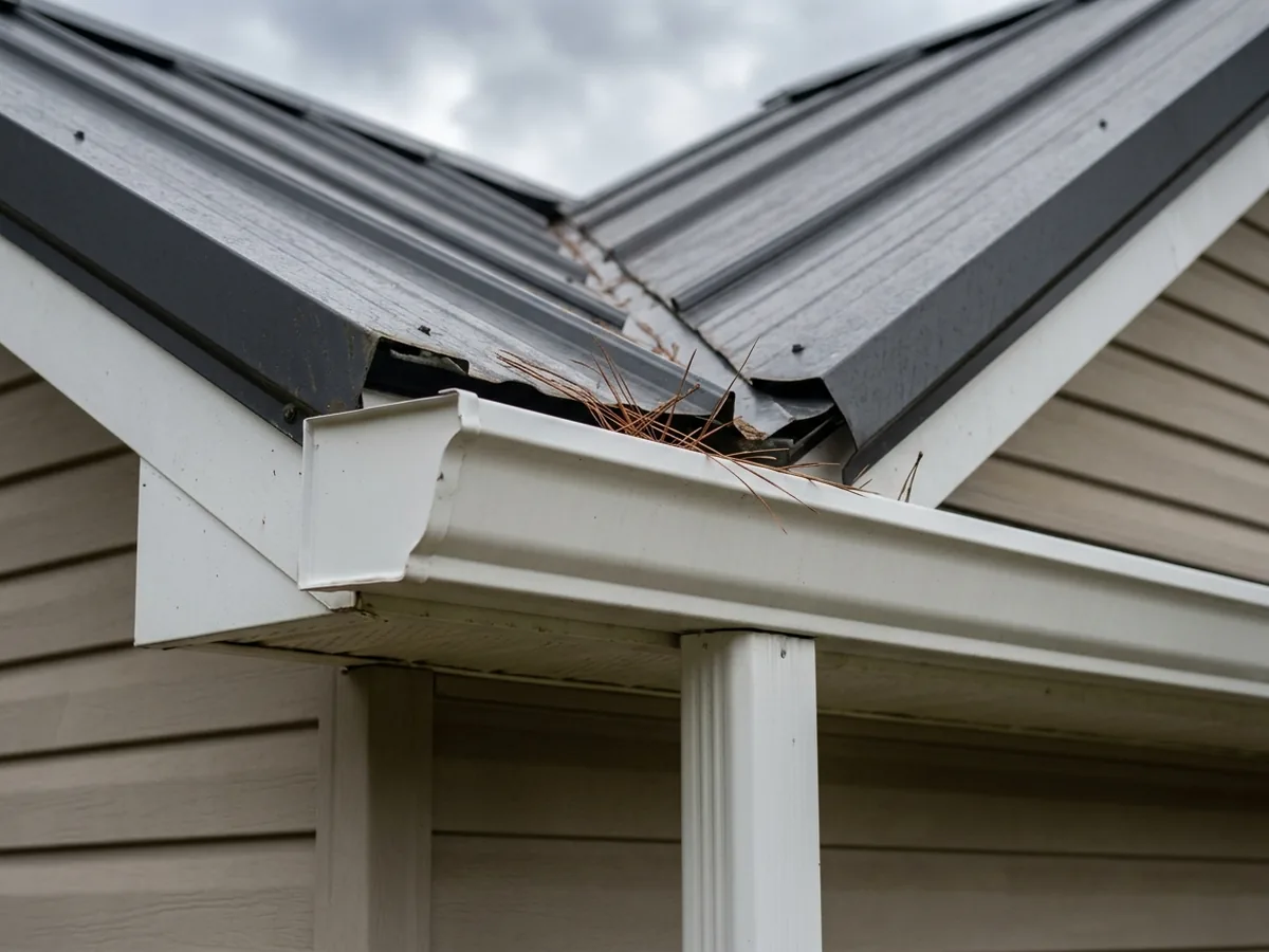 Six-inch seamless aluminum K-style gutter under a standing seam metal roof edge