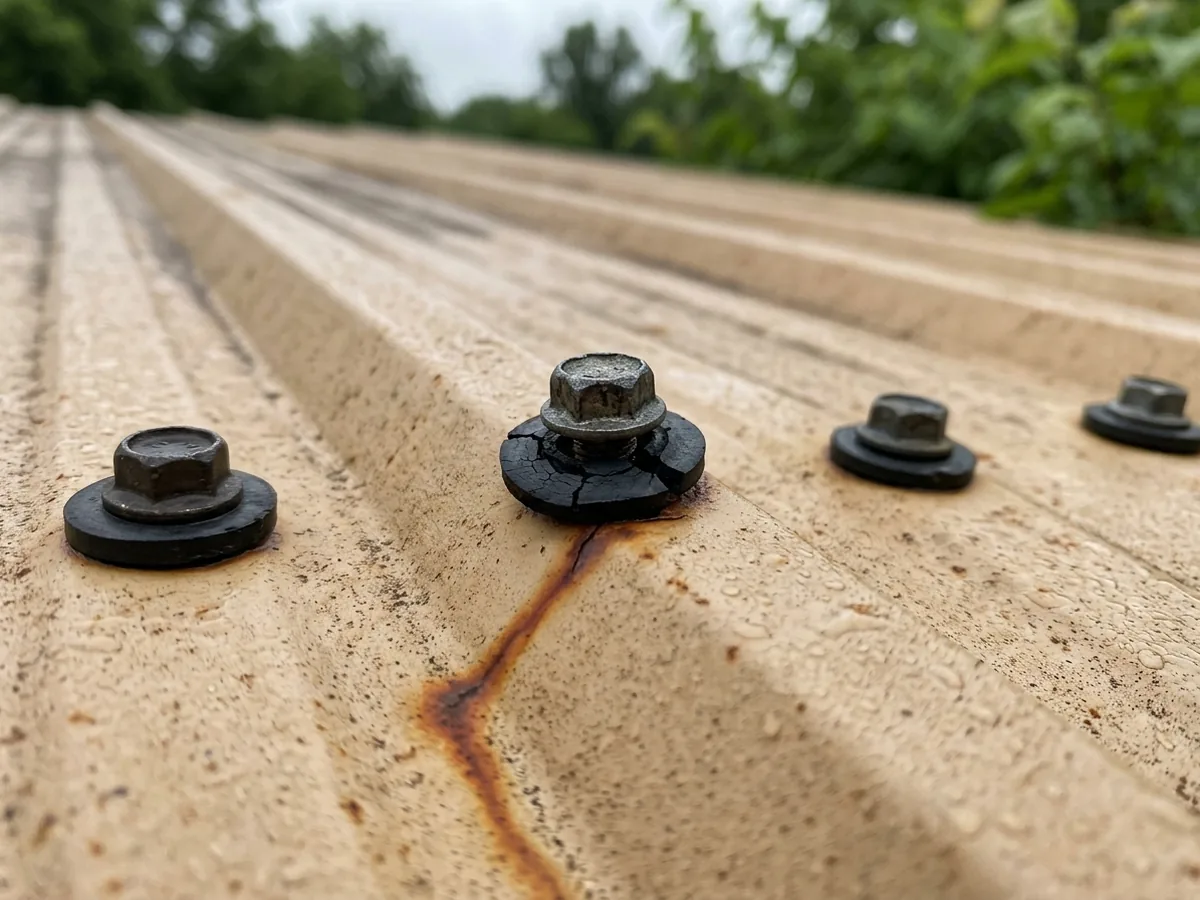 Close view of exposed roof screws with rubber washers on a ribbed steel panel, one washer cracked and a rust streak below it