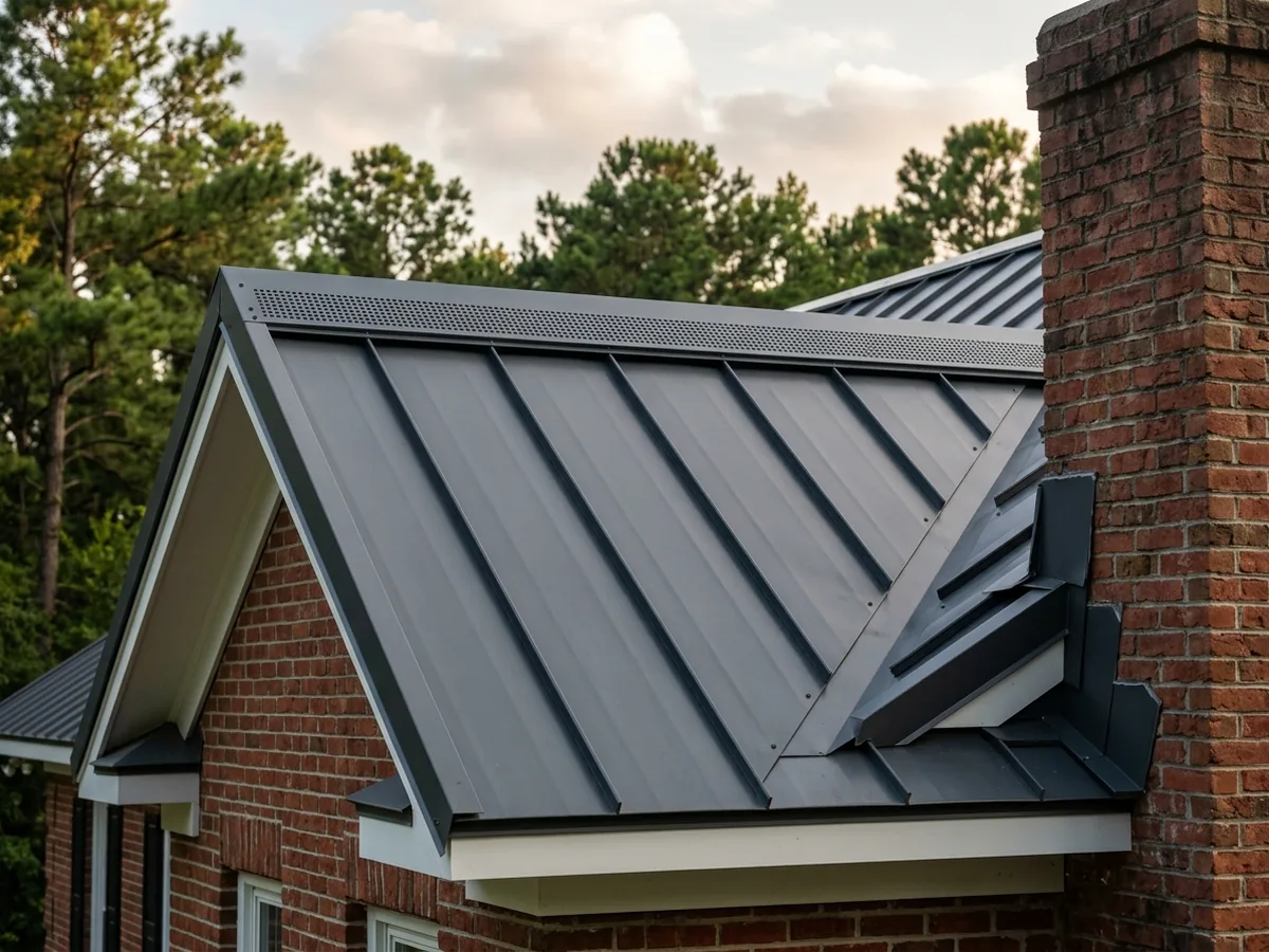 New dark grey drip edge, rake trim and a vented ridge cap on a metal roof, with sidewall flashing where the roof meets brick