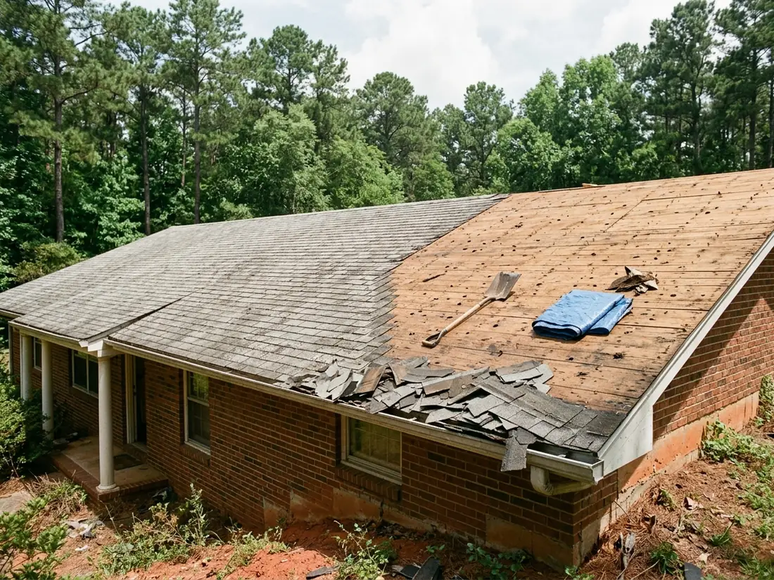 Roofers' shovels and a tarp on a brick ranch roof half stripped of grey asphalt shingles, bare plywood deck exposed on one side