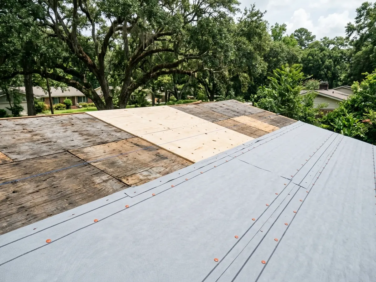 Fresh plywood sheets patched into an older roof deck, half covered with grey synthetic underlayment