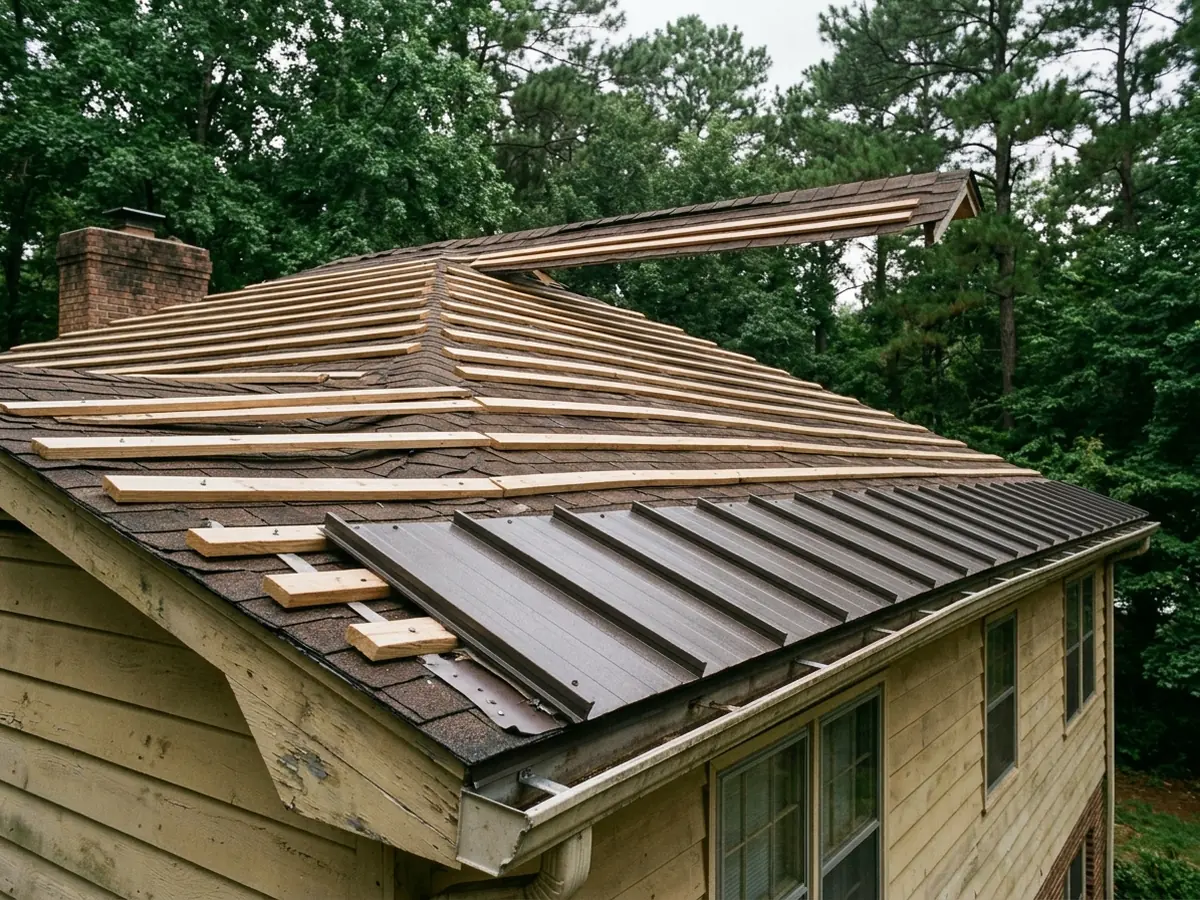 Rows of wood furring strips running parallel to the ridge over old shingles, with the first metal panels fixed at the eave