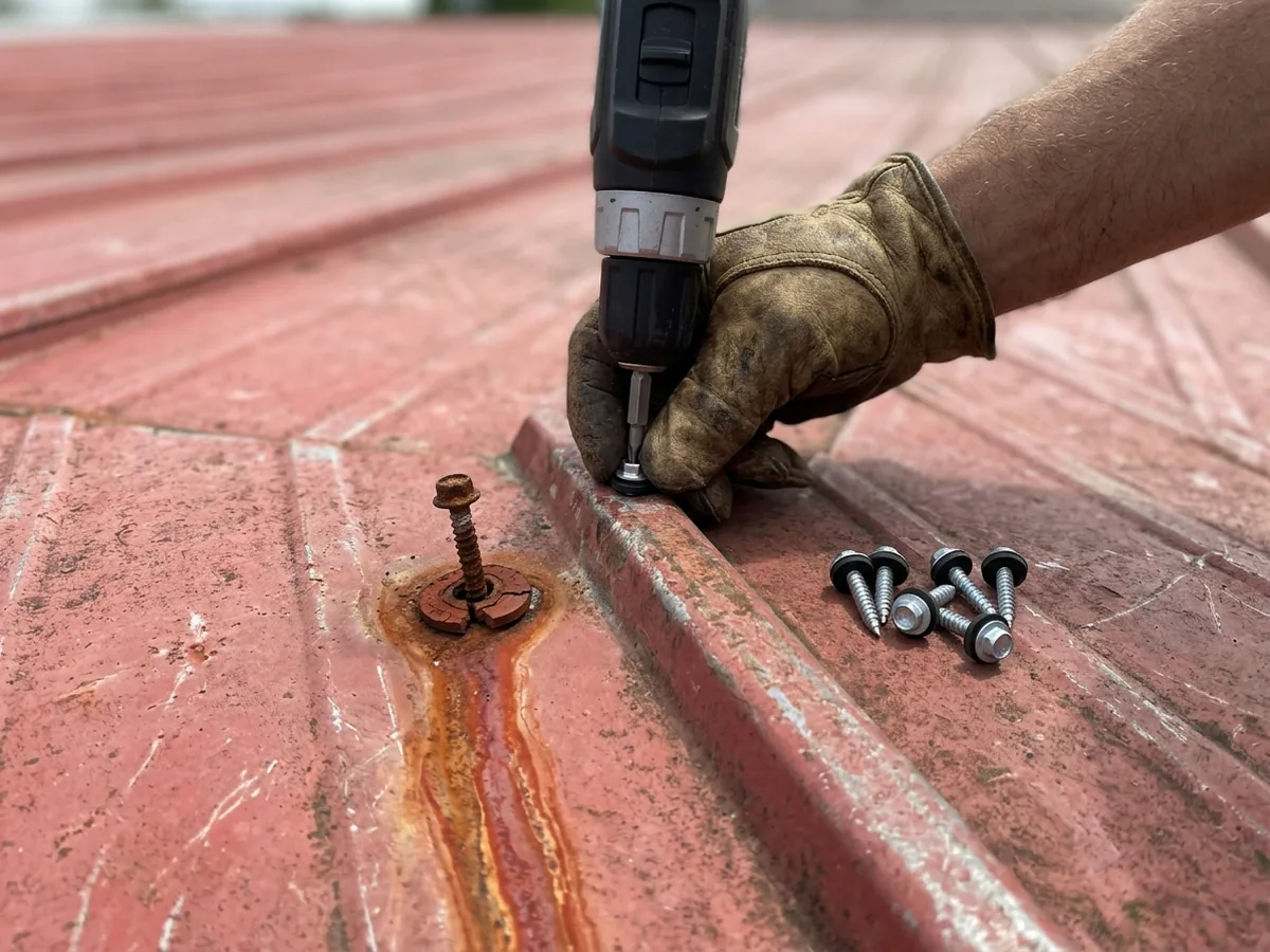 Gloved hand driving a new screw beside a rusted, backed-out screw on a faded red ribbed metal roof