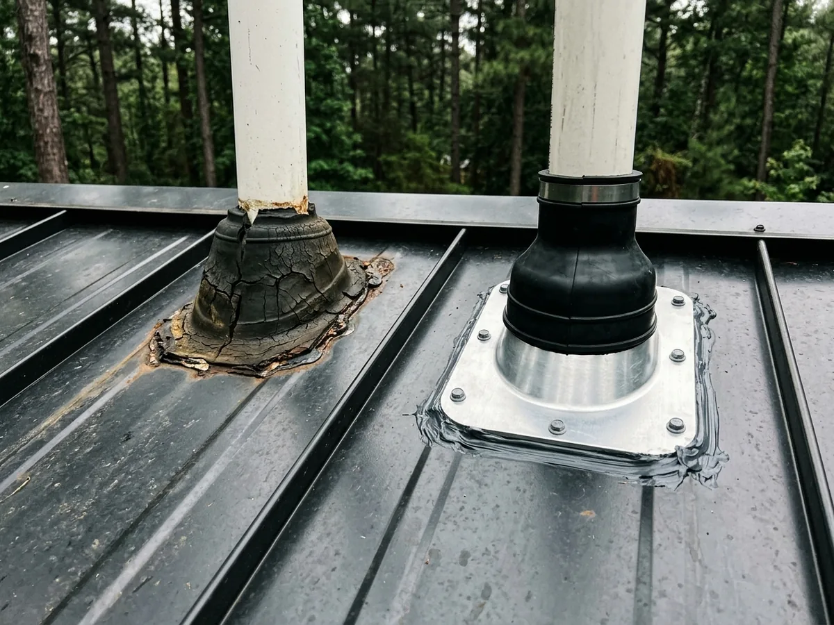 Cracked rubber pipe boot on a metal roof beside a new replacement boot fitted to the panel ribs