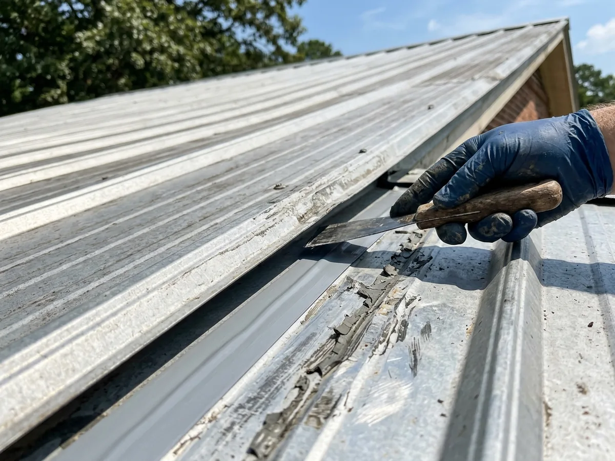 Metal roof side lap being cleaned and resealed, with the overlapping rib edge lifted slightly