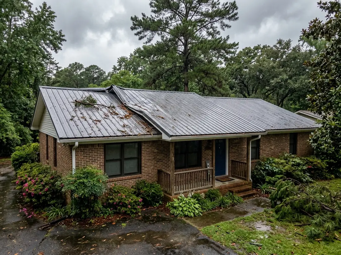 Ranch house metal roof with a dented ridge cap and a creased panel after a storm, small branches on the roof