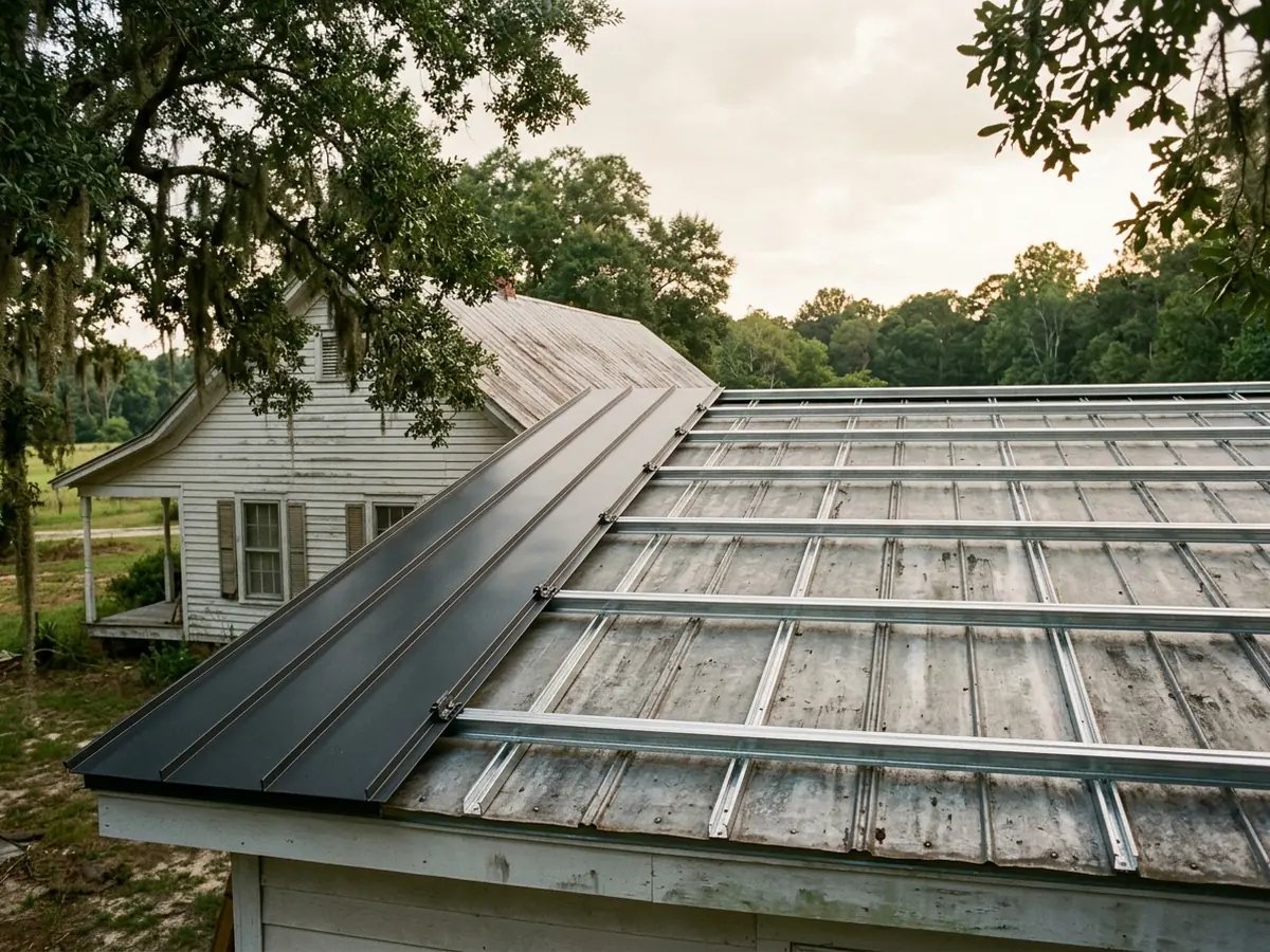 New standing seam panels being fixed to metal sub-purlins laid over an old ribbed metal roof on a low farmhouse