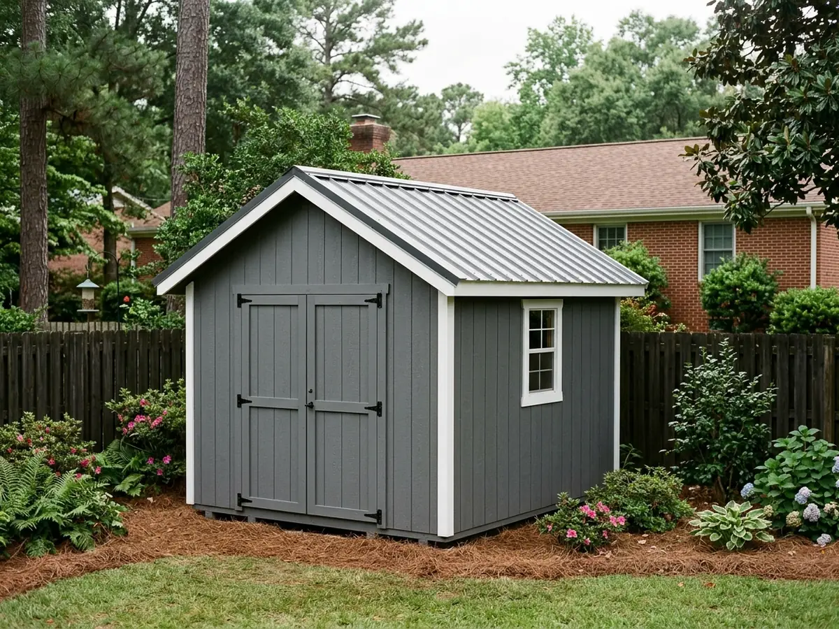 Wooden backyard storage shed with a new charcoal 5V crimp metal roof and white trim