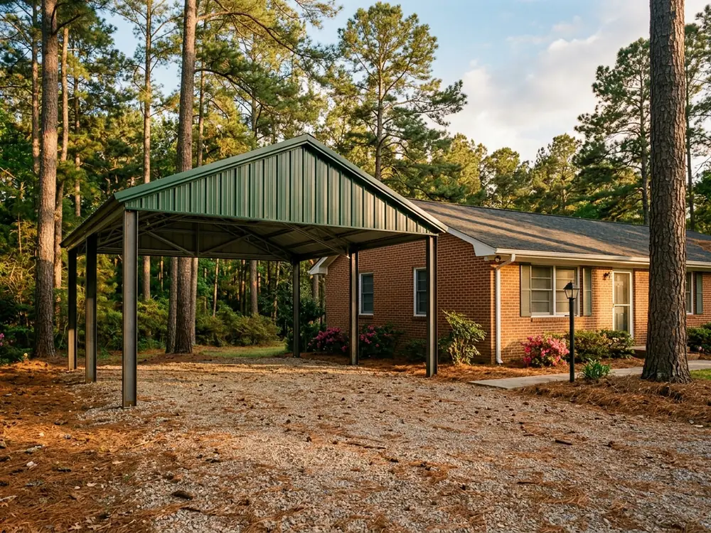 Steel carport with a vertical-style metal roof whose panels run from ridge to eave over a gravel drive