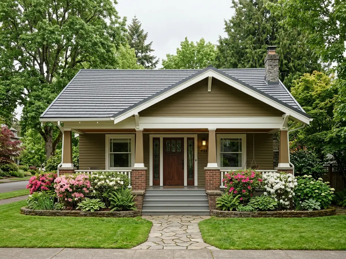 Craftsman bungalow with a dark grey steel shingle roof, deep eaves and a front porch