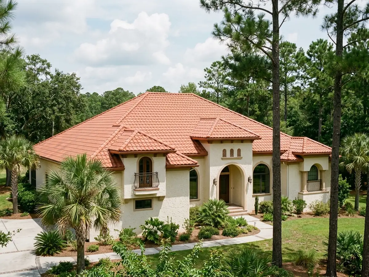 Terracotta barrel-tile metal roof on a stucco house, curved tile rows pressed in steel