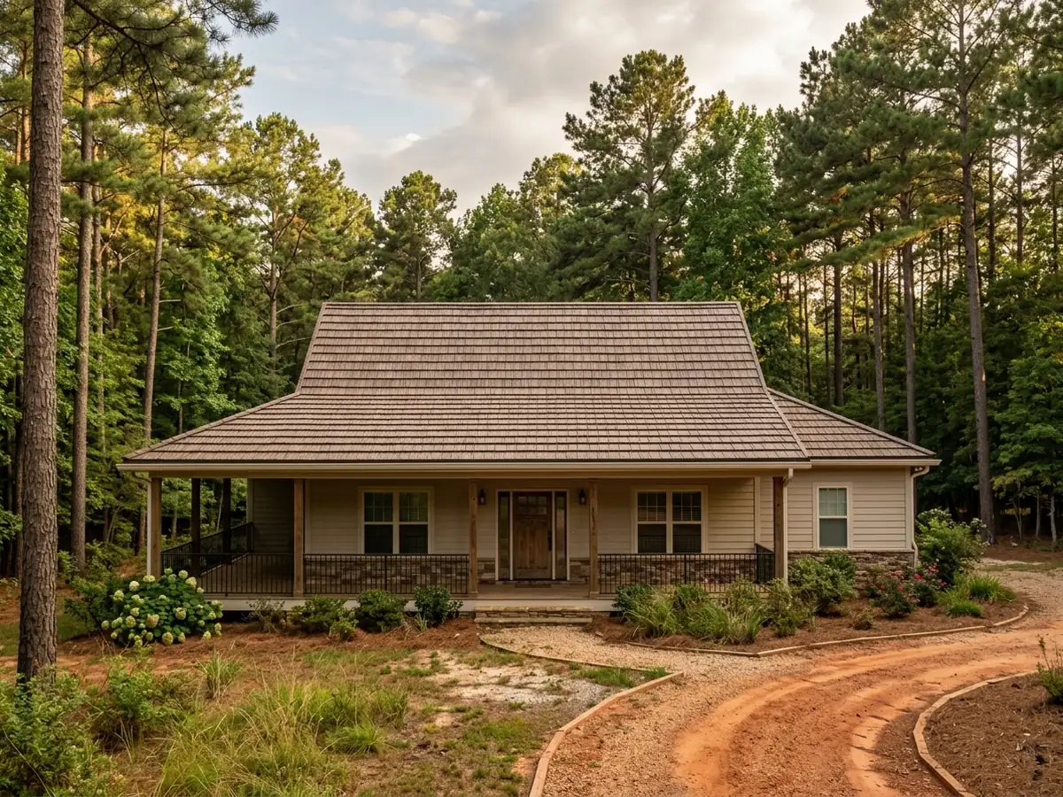 Brown shake-look metal shingles with deep shadow lines on a ranch house with a wide front porch