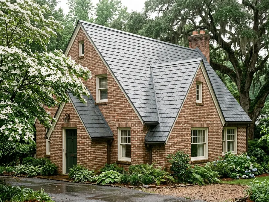 Grey slate-look metal shingles with chiselled edges on a steep cottage roof