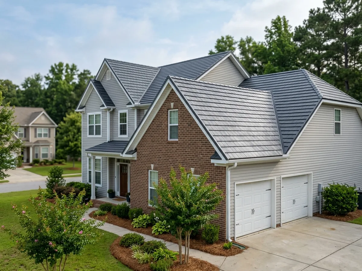 Two-storey suburban home with a charcoal steel shingle roof pressed in a dimensional asphalt pattern