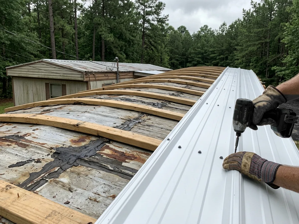 New ribbed steel panels being screwed to wood purlins laid across the old curved metal roof of a mobile home