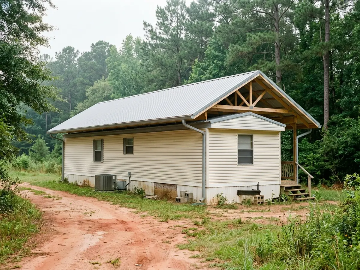 Single-wide manufactured home with a new pitched metal roof built over the old flat roof, wide eaves shading the walls