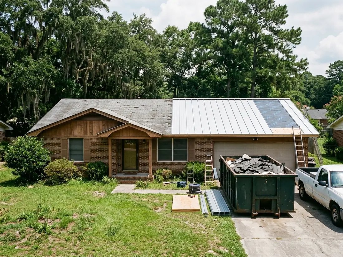 Brick ranch house with half the roof still in old grey asphalt shingles and the other half in new silver standing seam metal, a dumpster of torn-off shingles in front