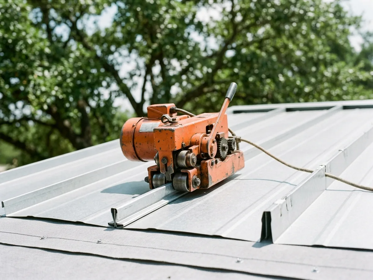 Hand seaming tool folding a double-lock standing seam rib closed on a silver metal roof