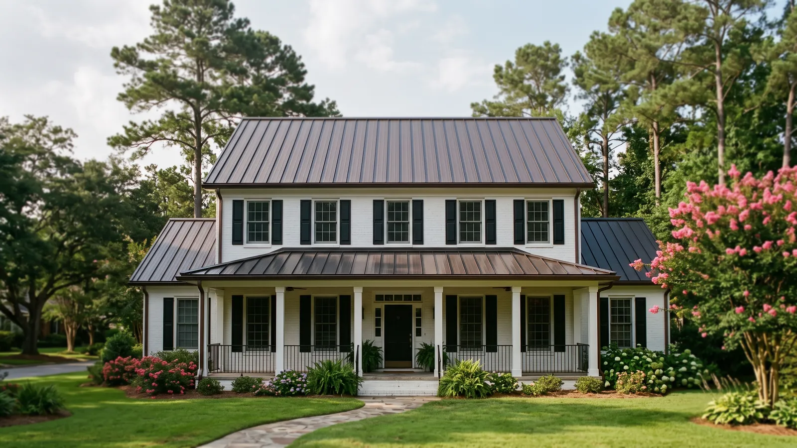 White-painted brick two-story house with a deep front porch and a new dark bronze standing seam metal roof, pines and a pink crape myrtle beside it