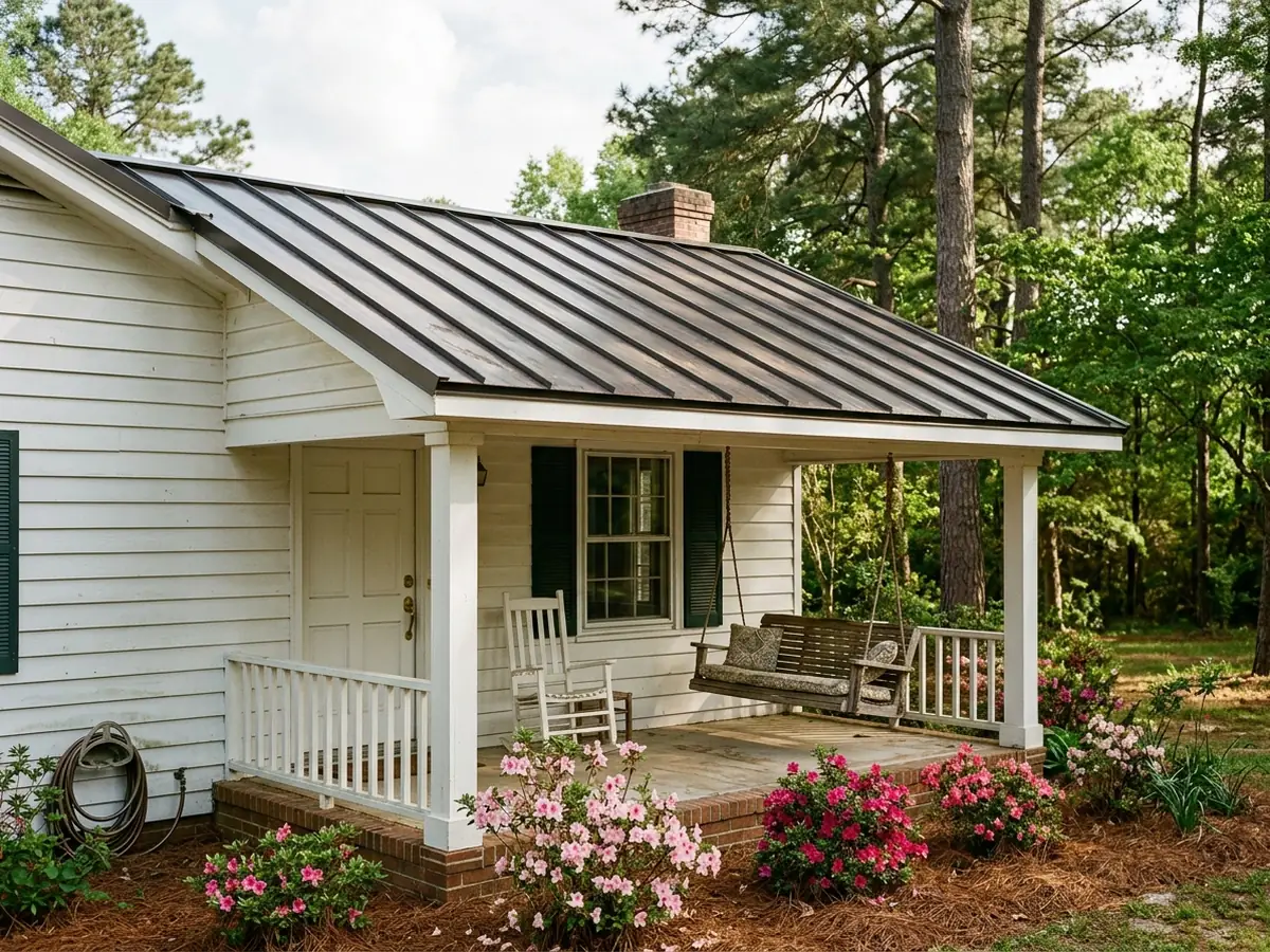 Nail-strip standing seam panels in dark bronze on a small cottage porch roof, narrow pans with slim seams