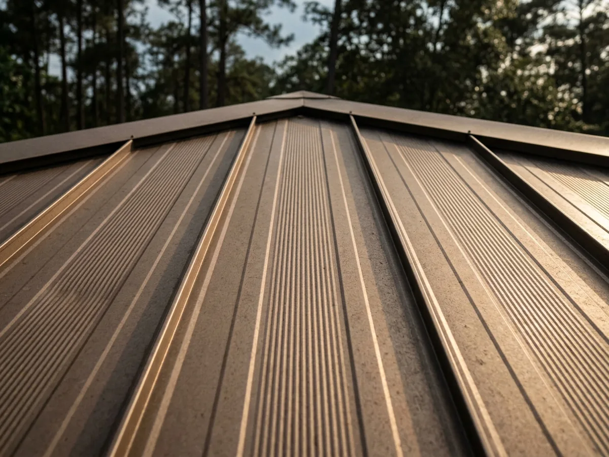 Close view of striated standing seam pans with fine lengthwise lines in the flat of each panel