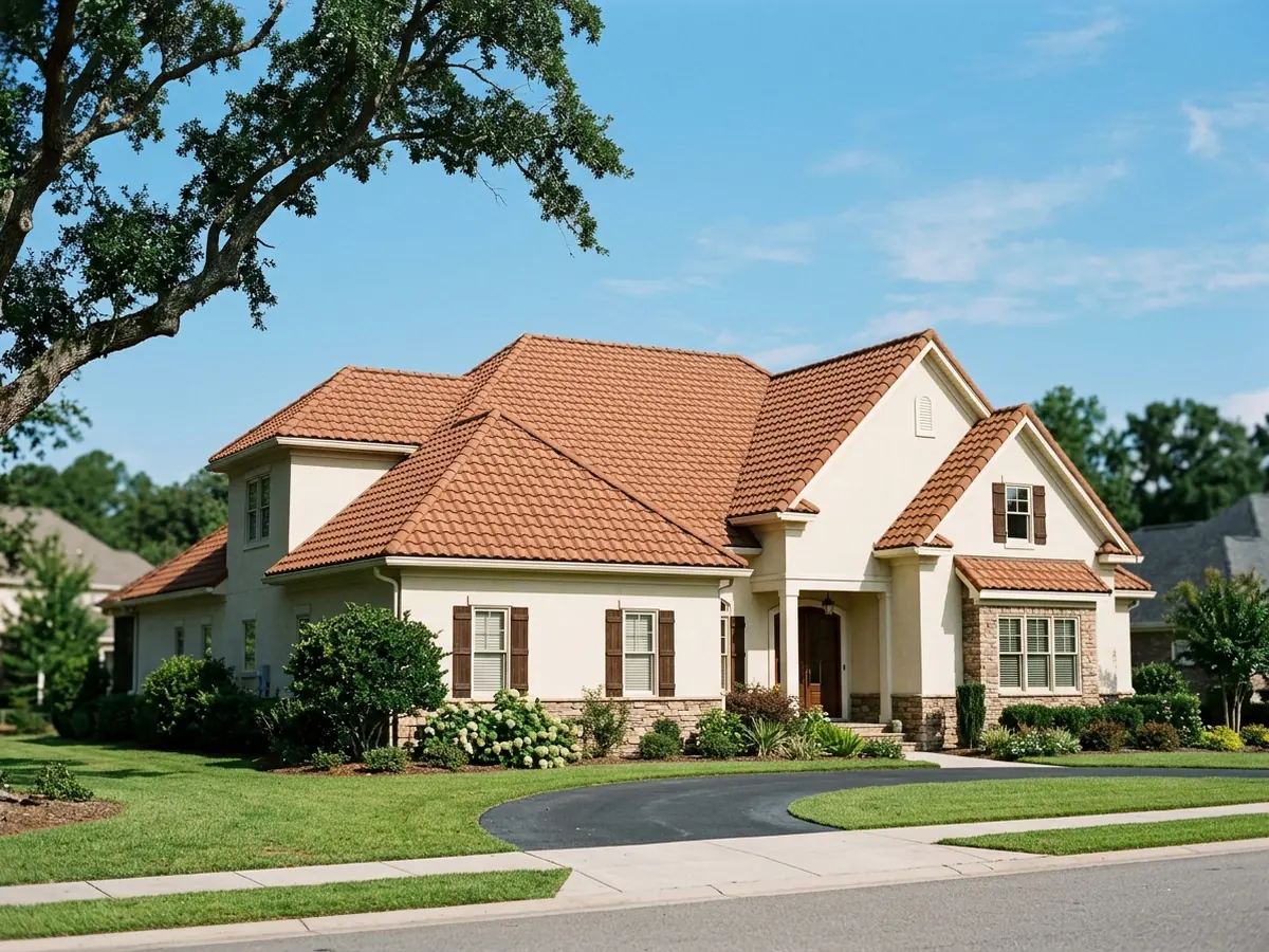 Stone-coated steel barrel tile roof in terracotta granules on a stucco two-storey house