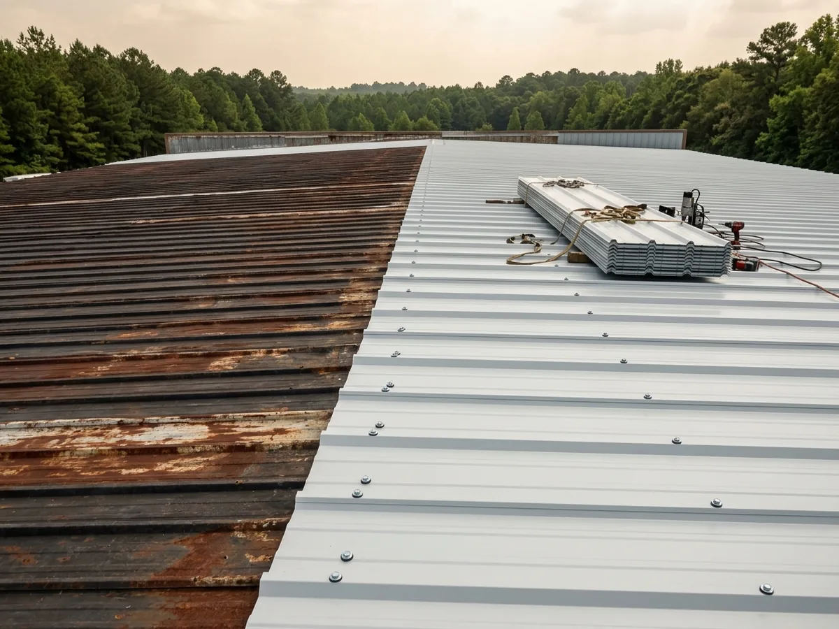 New PBR through-fastened metal panels being installed over an older ribbed metal warehouse roof