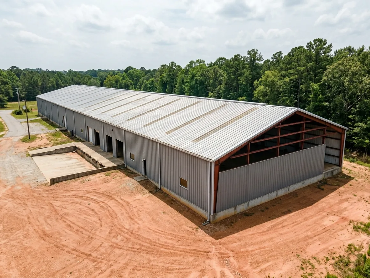 Structural standing seam metal roof on a long low-slope warehouse with steel purlins showing at the open gable end